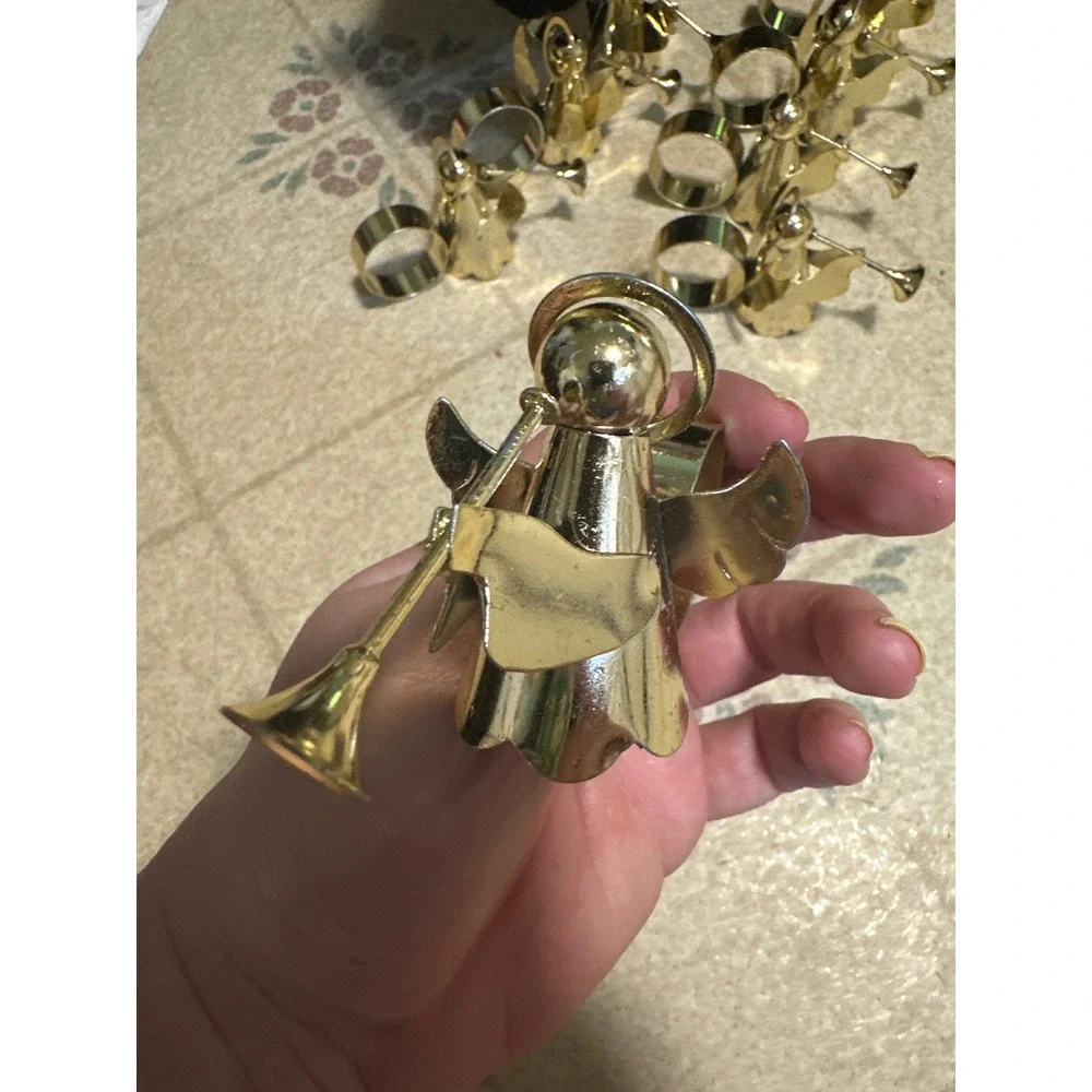 Vintage Gold Angel Napkin Rings Set of 11 Herald Trumpet Christmas Table Decor